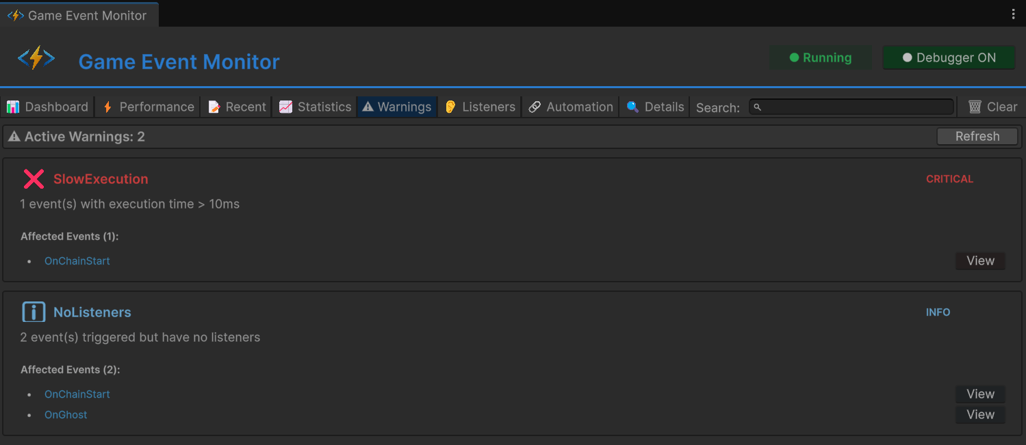Warnings Tab - Running State